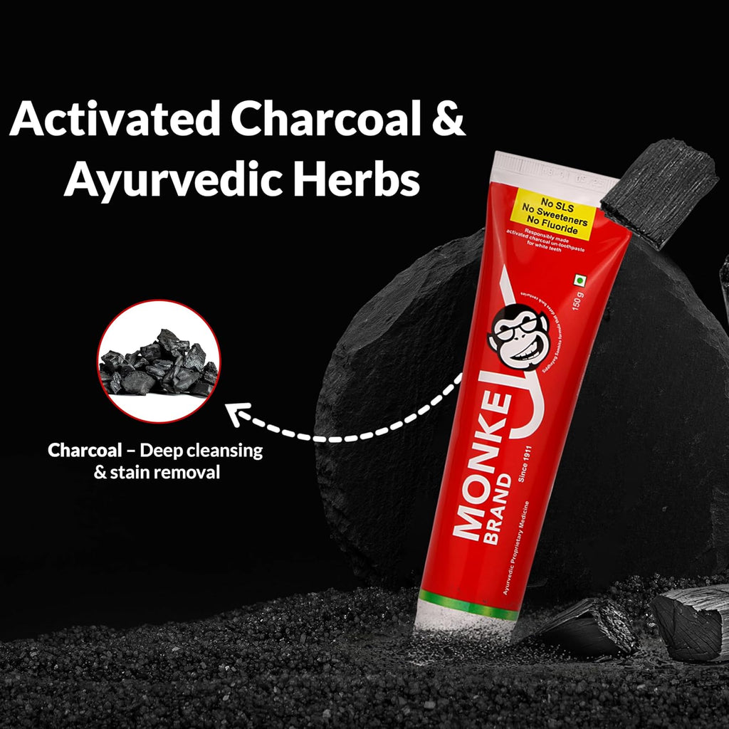 Monkey Brand Charcoal Toothpaste by Nogi (Since 1911) - Ayurvedic Whitening Toothpaste for Stain Removal & Total Oral Care | No SLS | No Fluoride | No Sweeteners | Ayurvedic & Fluoride-Free | 150g