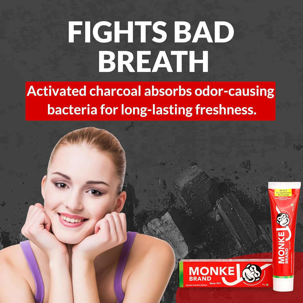 Monkey Brand Charcoal Toothpaste by Nogi (Since 1911) - Ayurvedic Whitening Toothpaste for Stain Removal & Total Oral Care | No SLS | No Fluoride | No Sweeteners | Ayurvedic & Fluoride-Free | 150g