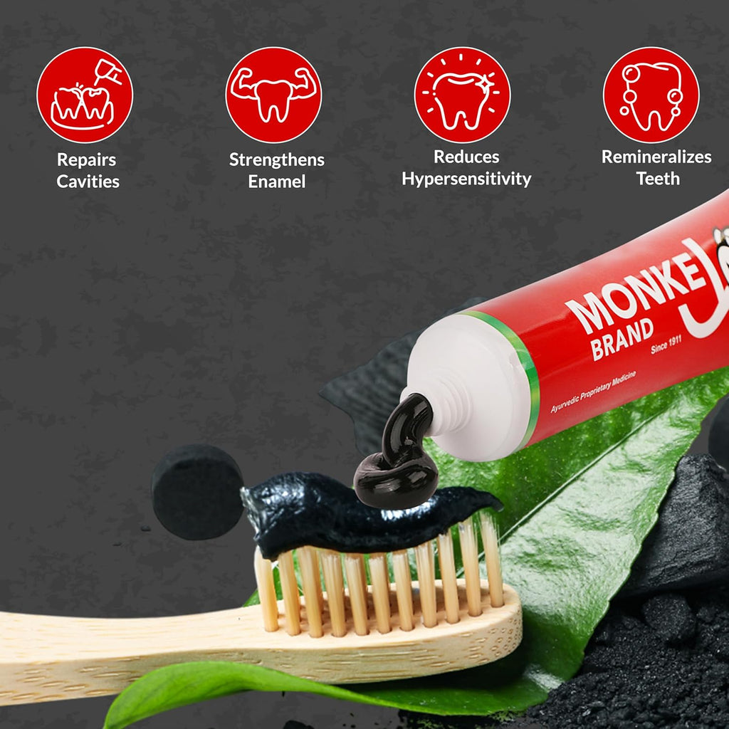Monkey Brand Charcoal Toothpaste by Nogi (Since 1911) - Ayurvedic Whitening Toothpaste for Stain Removal & Total Oral Care | No SLS | No Fluoride | No Sweeteners | Ayurvedic & Fluoride-Free | 150g