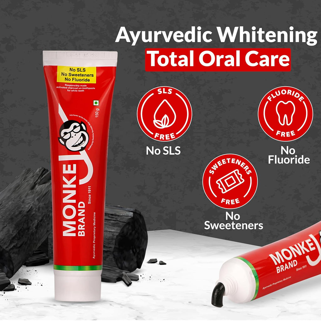 Monkey Brand Charcoal Toothpaste by Nogi (Since 1911) - Ayurvedic Whitening Toothpaste for Stain Removal & Total Oral Care | No SLS | No Fluoride | No Sweeteners | Ayurvedic & Fluoride-Free | 150g